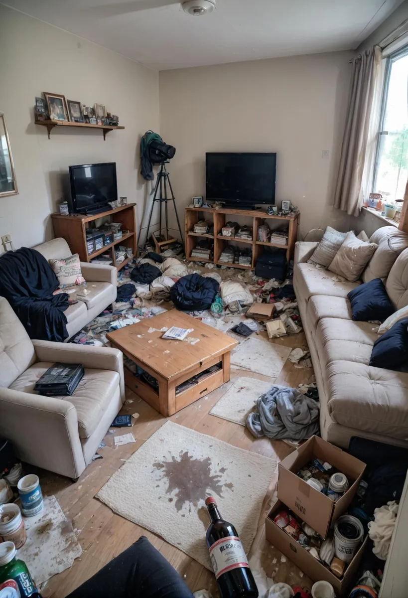 A cluttered and messy living room generated by AI using stable diffusion, featuring disorganized furniture and scattered items.