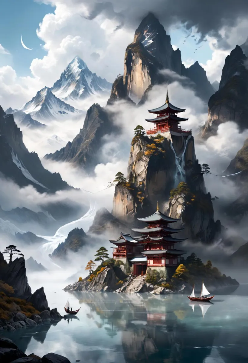 A mountain temple surrounded by misty peaks and calm waters, AI generated using Stable Diffusion.