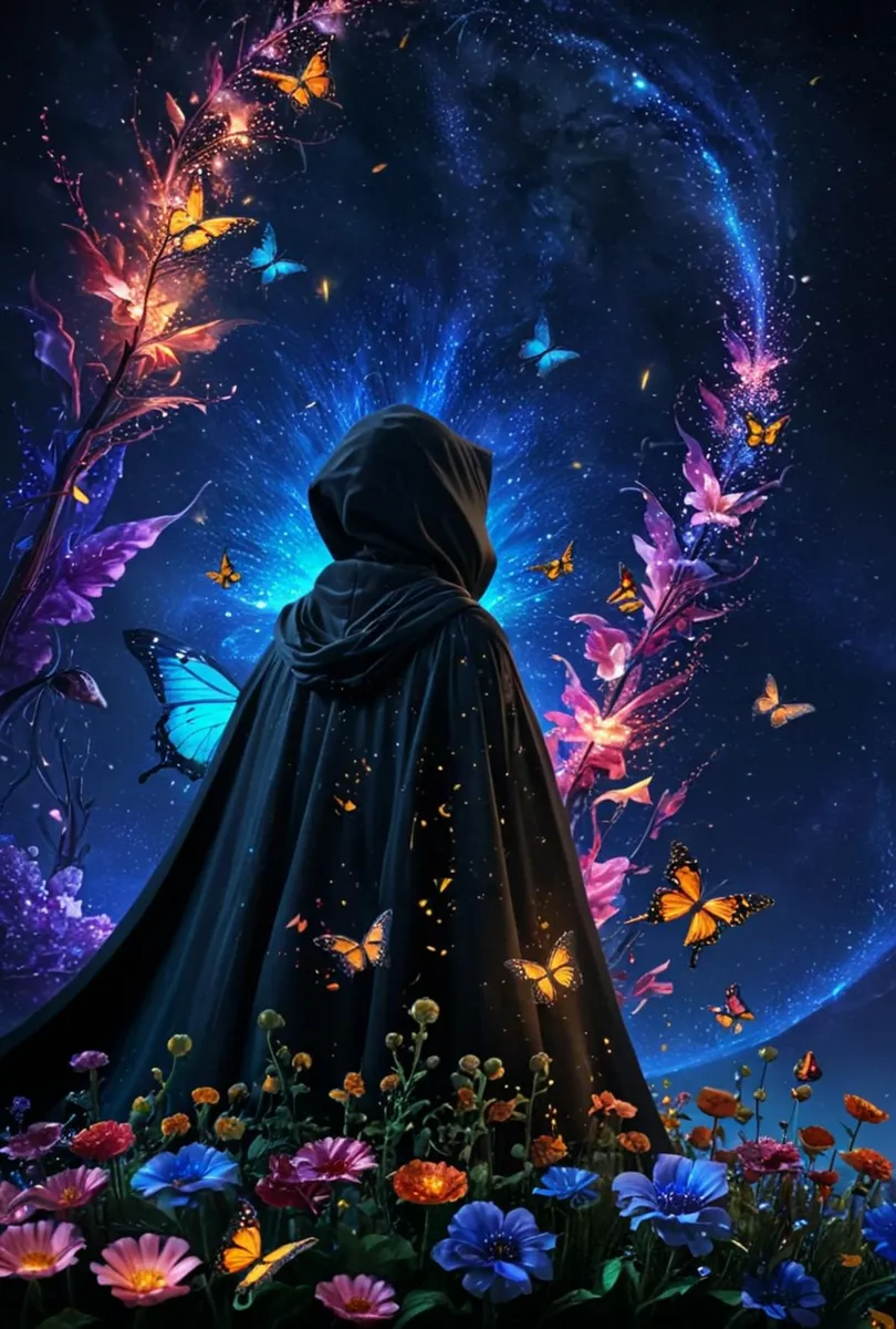 A hooded figure in a dark cloak stands in a field of vibrant flowers, surrounded by glowing butterflies. This is an AI generated image using stable diffusion.