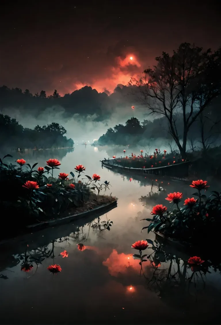 A captivating night scene with vibrant red lotus flowers on a serene river under a smoky, starry sky, created using Stable Diffusion AI.