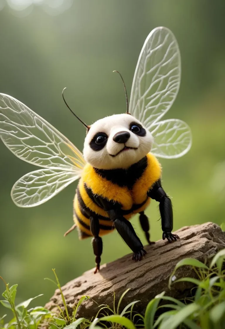 A cute and whimsical AI-generated image using Stable Diffusion showing a hybrid animal with the body of a bee and the face of a panda, set in a lush green environment.