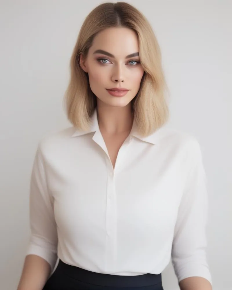 AI generated image of a professional woman with shoulder-length blonde hair, wearing a white blouse.