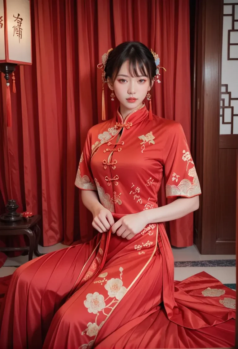 A woman in a traditional Chinese red cheongsam, emphasizing the intricate embroidery, AI generated using Stable Diffusion.