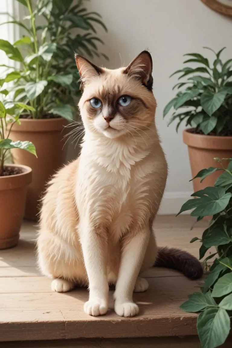 A lifelike AI-generated image of a Siamese cat with striking blue eyes sitting indoors surrounded by various houseplants in terracotta pots. Generated using Stable Diffusion.