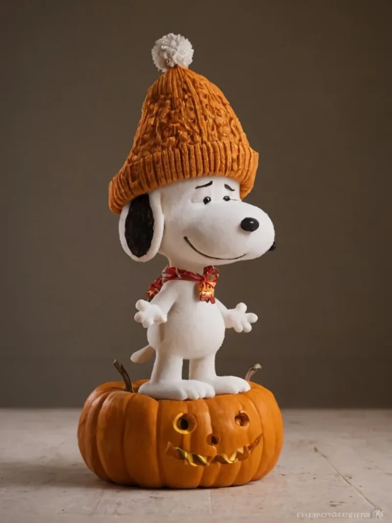 AI generated image of Snoopy wearing an orange beanie with a white pom-pom, standing on top of a carved jack-o'-lantern. Created using Stable Diffusion.