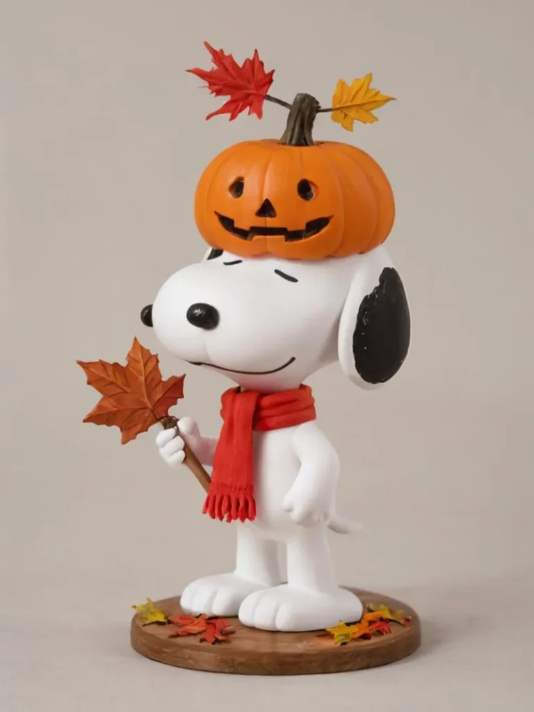 AI-generated image of a Snoopy figurine wearing a pumpkin hat with fall leaves. Created using Stable Diffusion.