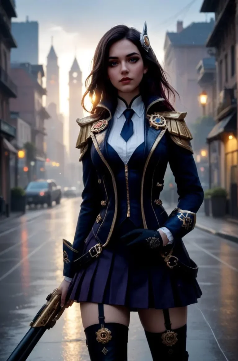AI generated image using Stable Diffusion of a young female warrior dressed in a steampunk-inspired uniform standing on a street.