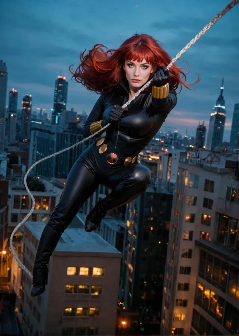 AI generated image of a woman dressed as a superhero in a black leather costume with red hair, swinging on a rope above a cityscape created using stable diffusion.