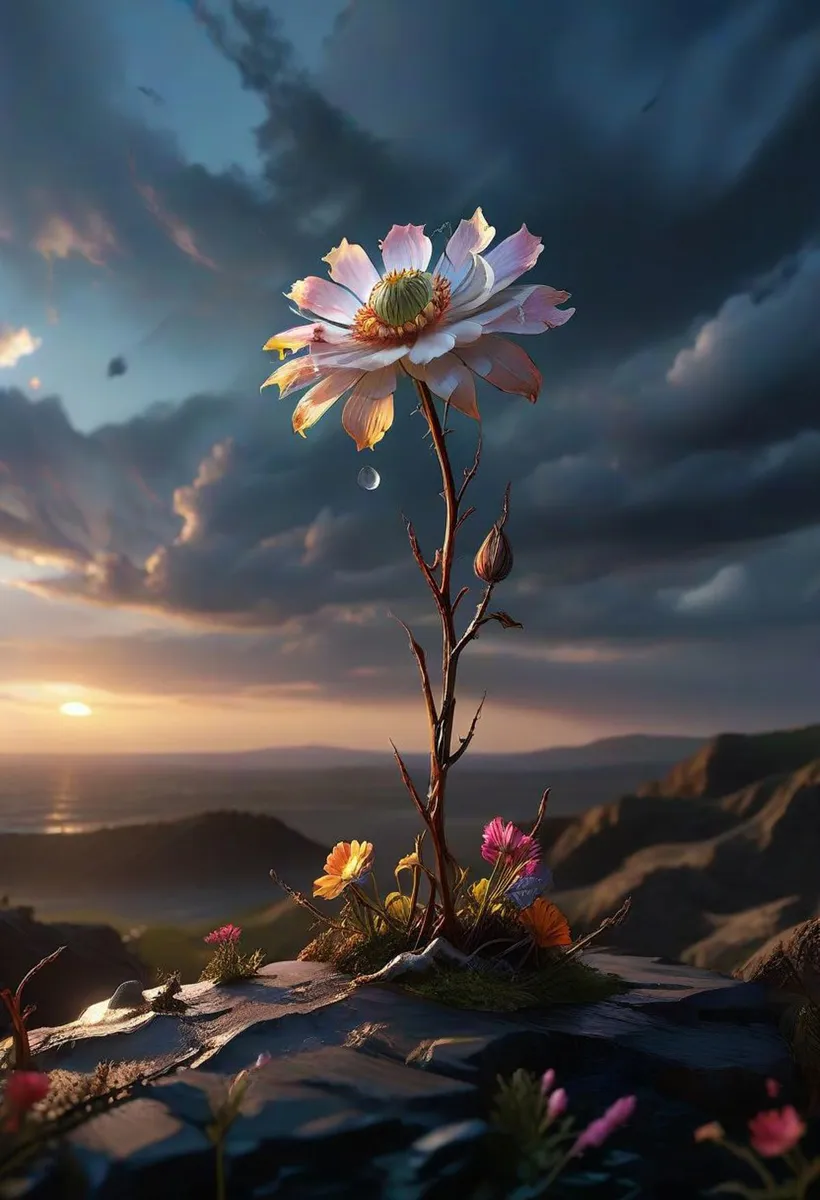 A surreal flower standing tall on a cliff edge with a majestic sunset in the background. Created using Stable Diffusion.