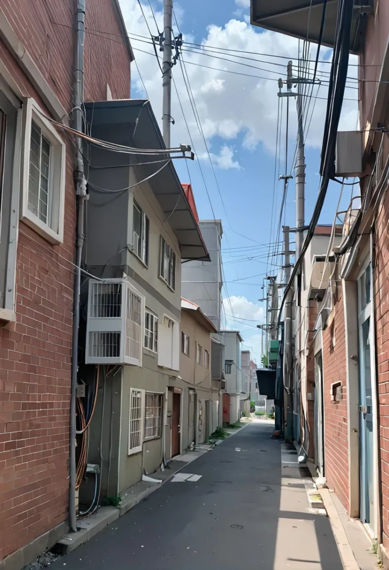 An AI generated image using stable diffusion showing an urban alley with narrow street and overhead wires.