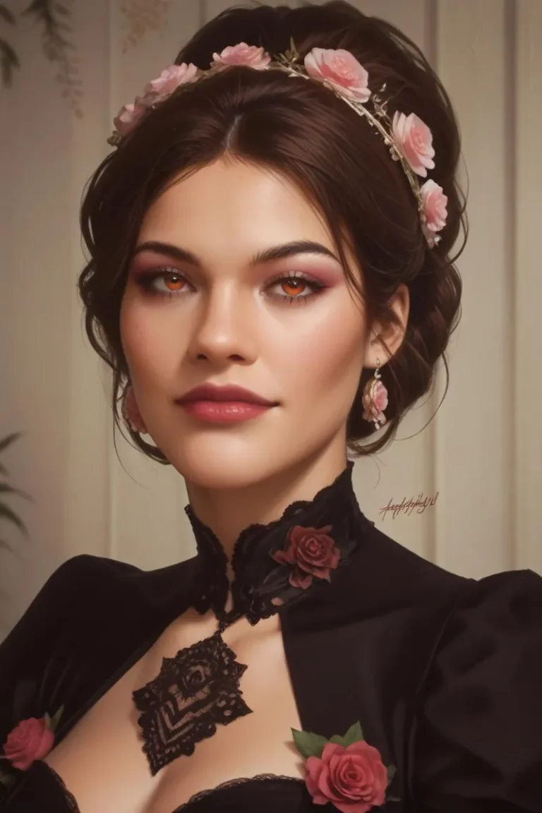 AI generated image of a Victorian woman with a gothic style, created using Stable Diffusion. The woman has a floral headband and is wearing a black dress adorned with roses.