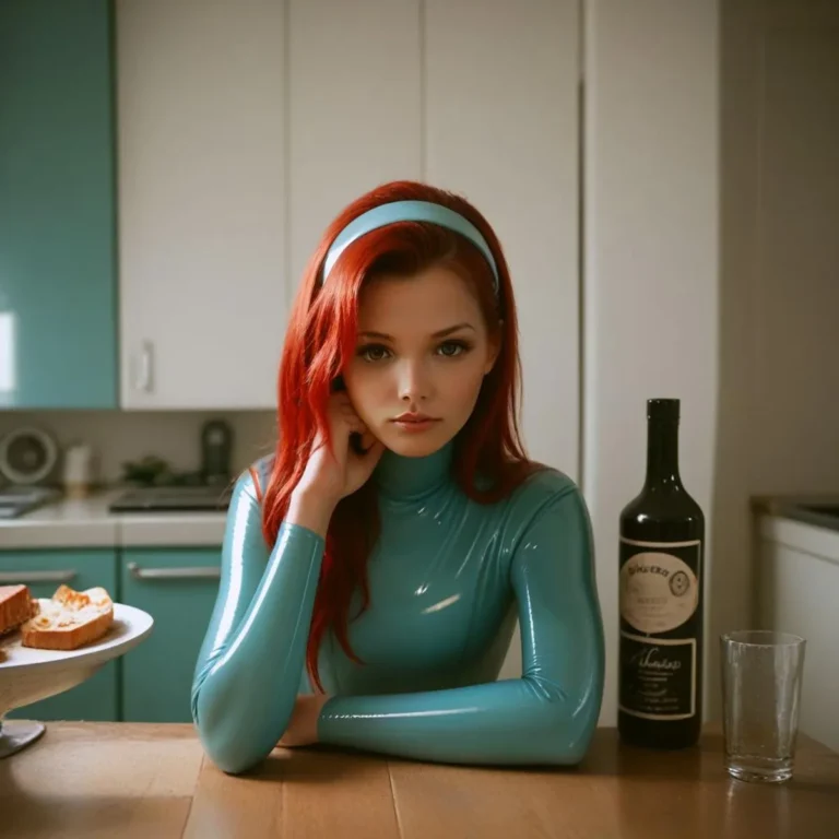 AI generated image using stable diffusion of a red-haired woman in a retro futuristic kitchen, sitting at a table with a bottle, a glass, and a plate with slices of bread.