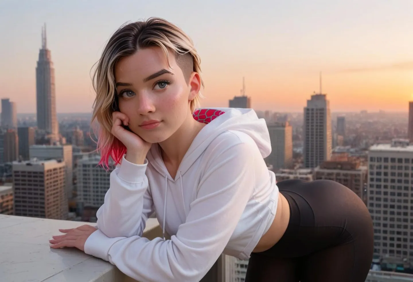 A woman with short hair, shaved sides, and wearing a white hoodie and black leggings, leaning on a rooftop ledge during sunset in a cityscape, AI generated using Stable Diffusion.