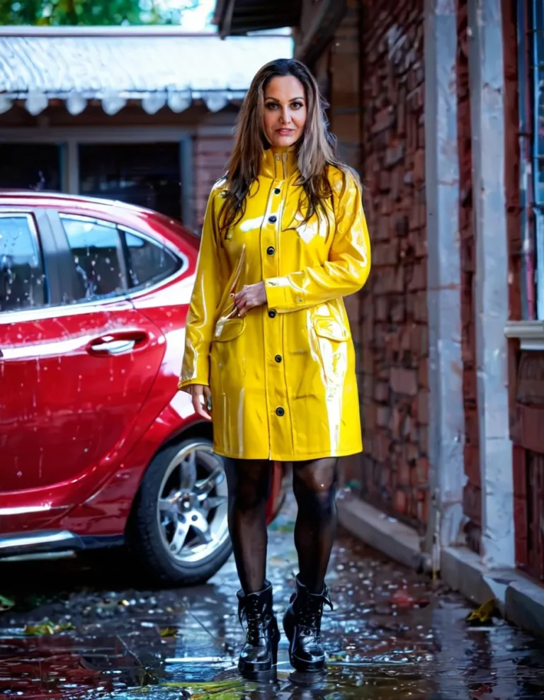 A stylish woman in a yellow raincoat standing outside on a rainy day, with a red car in the background. Generated by AI using Stable Diffusion.