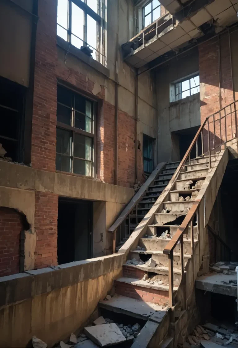 AI generated image using Stable Diffusion showing an abandoned building with a dilapidated staircase and broken windows.