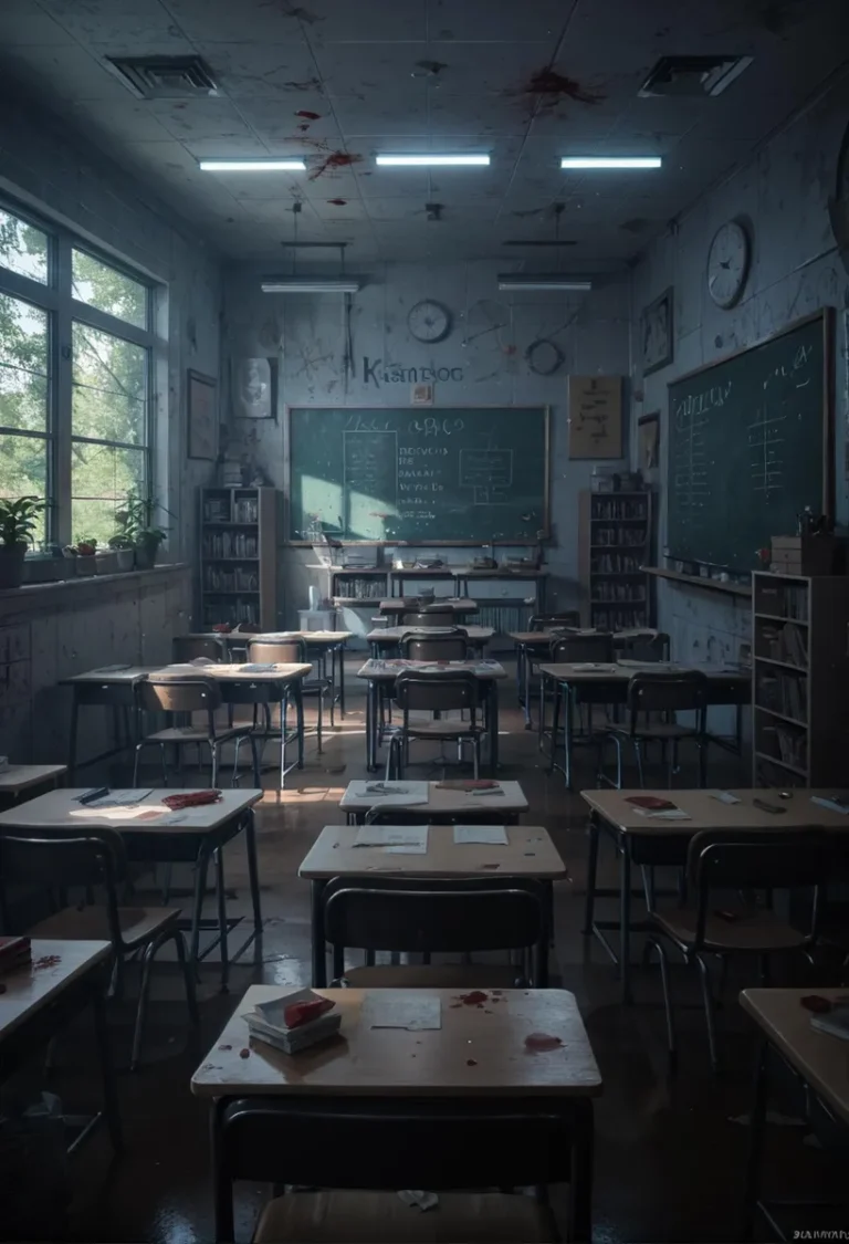 Abandoned classroom with bloodstained desks, creating a horror theme using stable diffusion AI.
