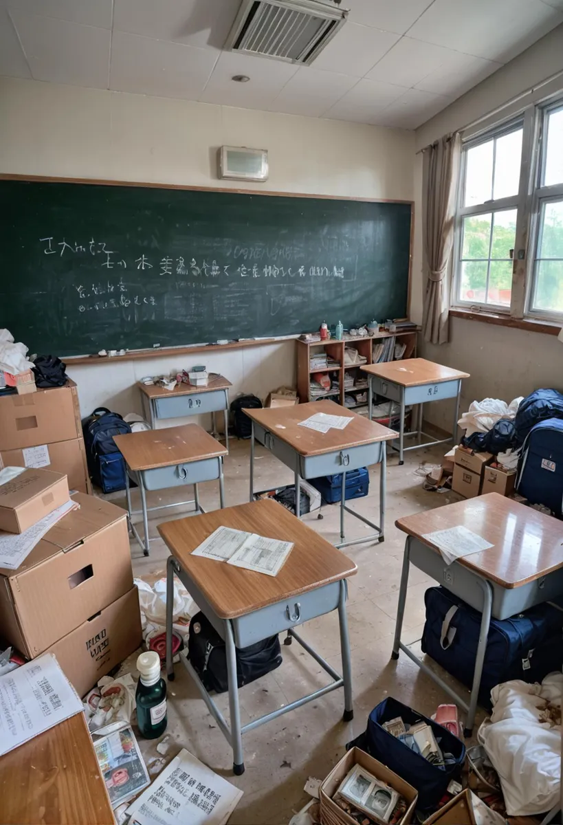 Abandoned messy classroom with desks and scattered items. AI generated image using stable diffusion.