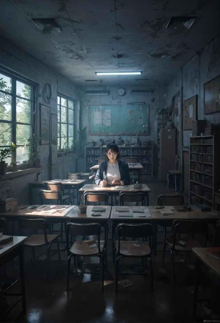 A lonely female student sits at a table in an abandoned classroom, AI generated image using Stable Diffusion.