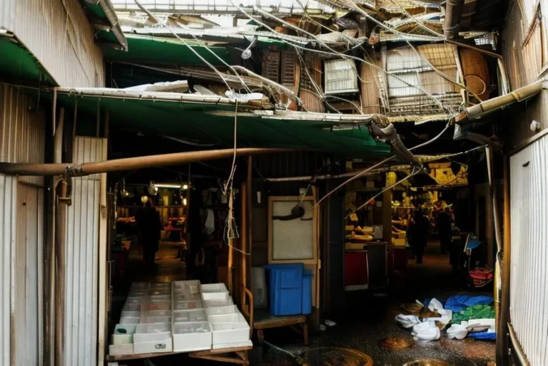 An abandoned rustic market in a state of urban decay. This image of an old, dilapidated marketplace features hanging wires, makeshift structures, and scattered market items, all created using AI with Stable Diffusion.