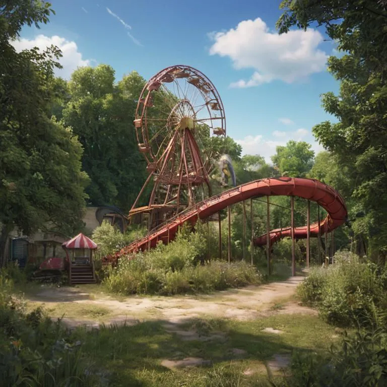 A rusted Ferris wheel and an old red slide in an abandoned amusement park surrounded by overgrown vegetation, created using Stable Diffusion.