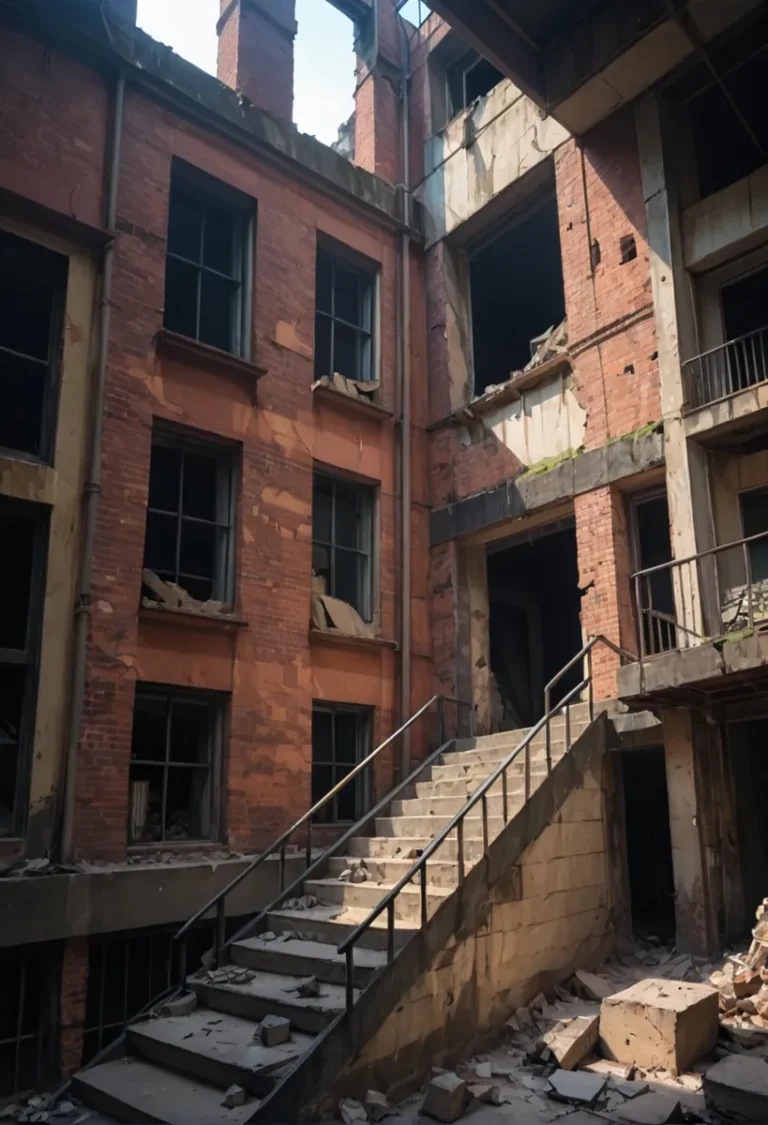An AI generated image using Stable Diffusion depicting an abandoned building with urban decay details, such as broken windows and rubble on the stairs.