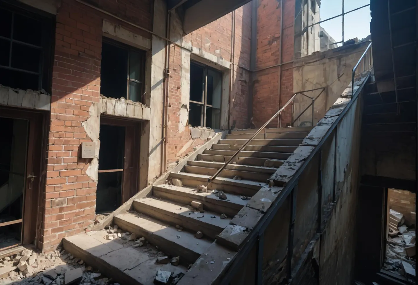 An AI generated image using Stable Diffusion showing an abandoned building with a deteriorating staircase. The walls are made of red brick and partially covered with plaster, with broken windows and debris scattered on the stairs.