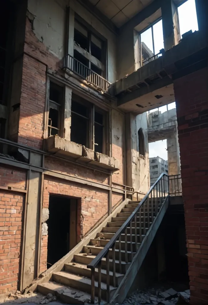 An ai generated image using stable diffusion showing a deteriorated staircase in an abandoned building with exposed brick and broken windows.