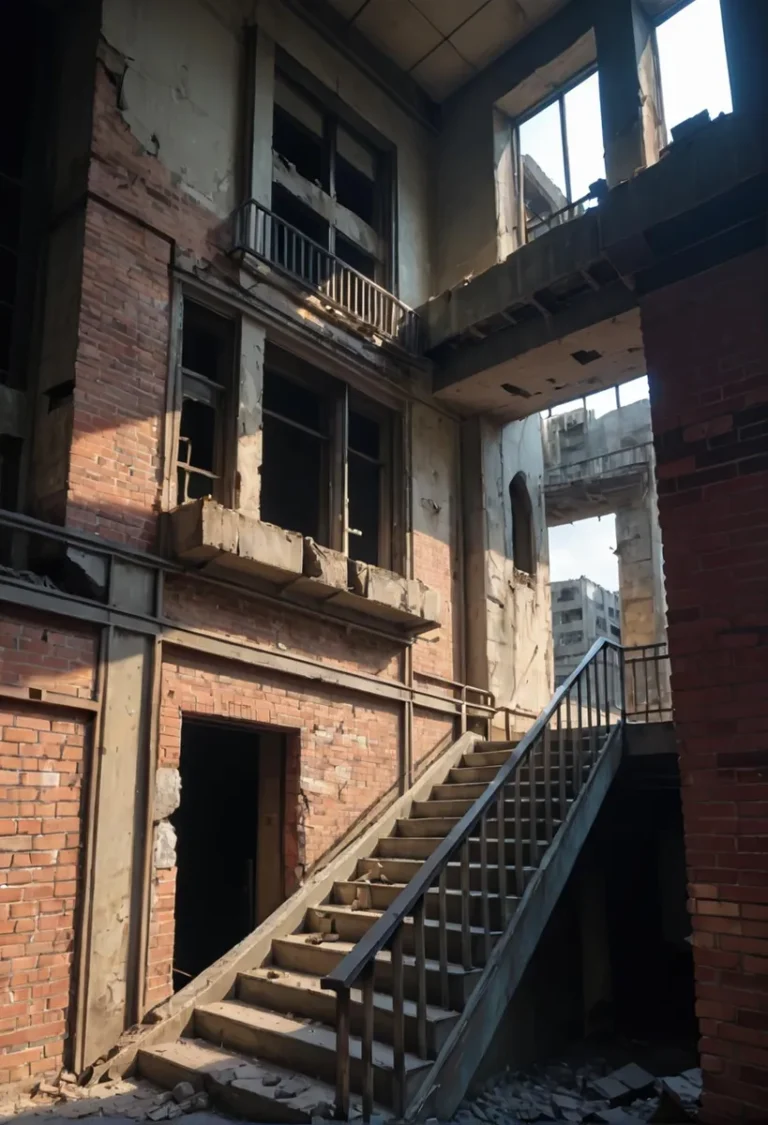 An AI generated image using stable diffusion showing a deteriorated staircase in an abandoned building with exposed brick and broken windows.