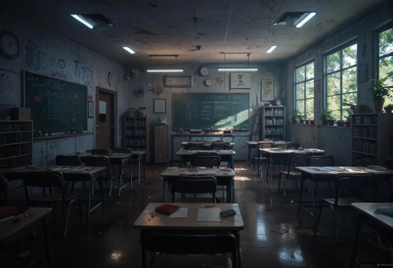 A dimly lit abandoned classroom with empty desks, chalkboards, bookshelves, and scattered books, generated using AI Stable Diffusion.