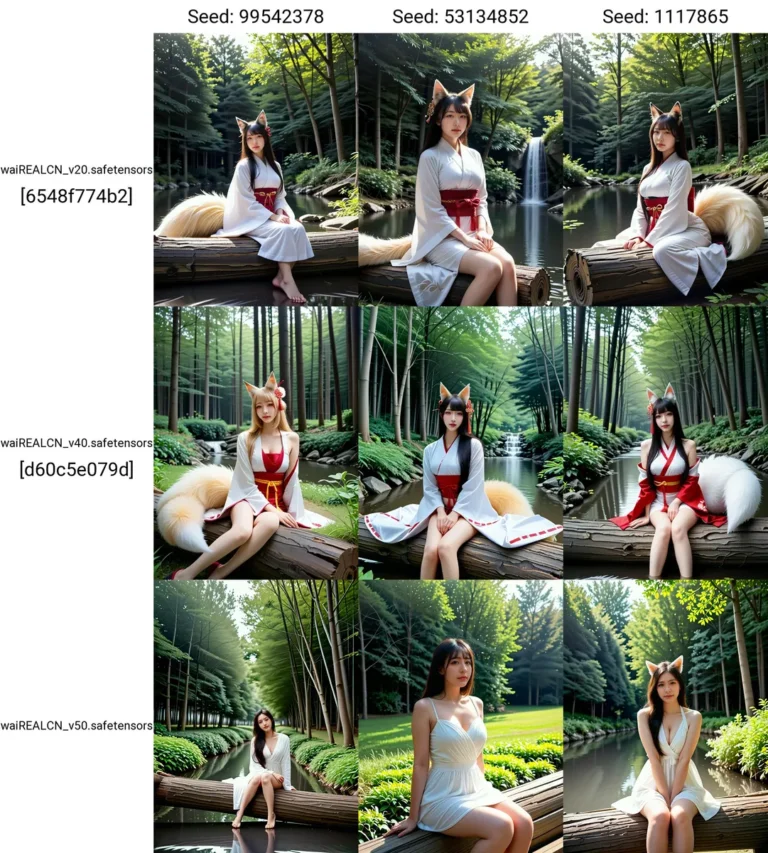 AI generated image using stable diffusion featuring a girl in various cosplay attire sitting by a serene forest river. Some wear fox ears and tails.