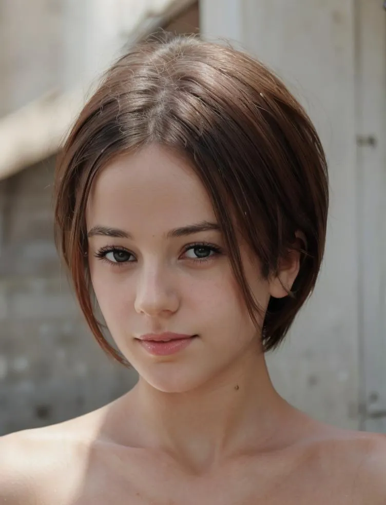 A realistic AI generated portrait of a young woman with short brown hair and natural makeup, created using Stable Diffusion.