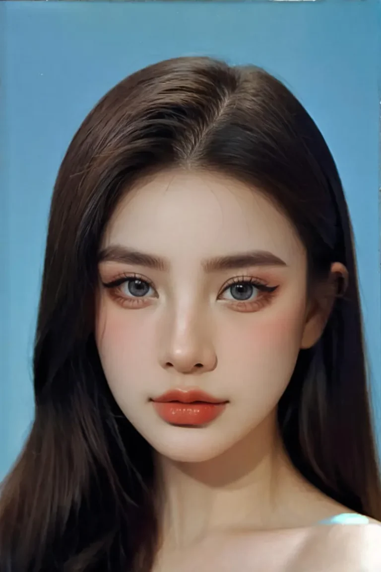 A highly realistic digital painting of a young woman with long, dark hair and captivating blue eyes. The portrait is an AI-generated image created using Stable Diffusion.