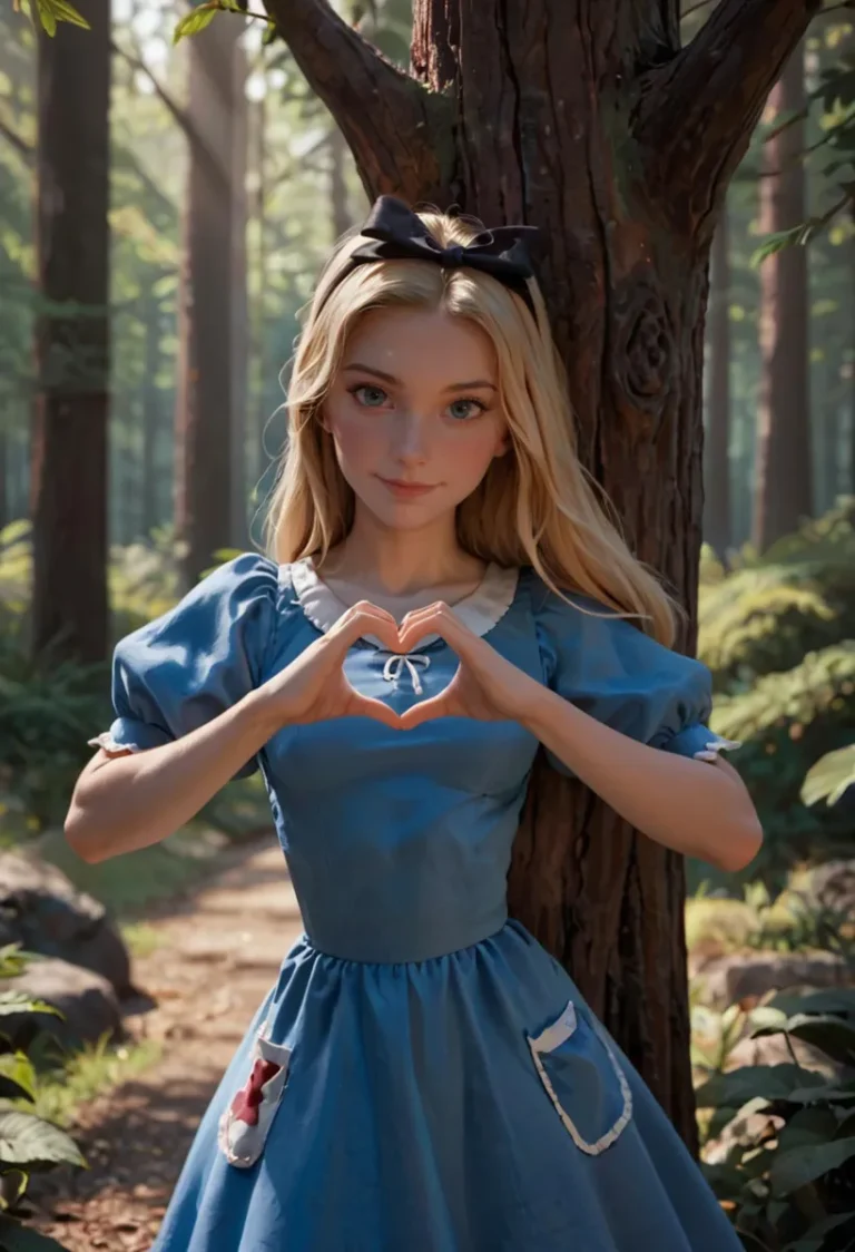 An AI generated image using Stable Diffusion showing a fantasy character resembling Alice in Wonderland in a blue dress making a heart shape with her hands in a forest.