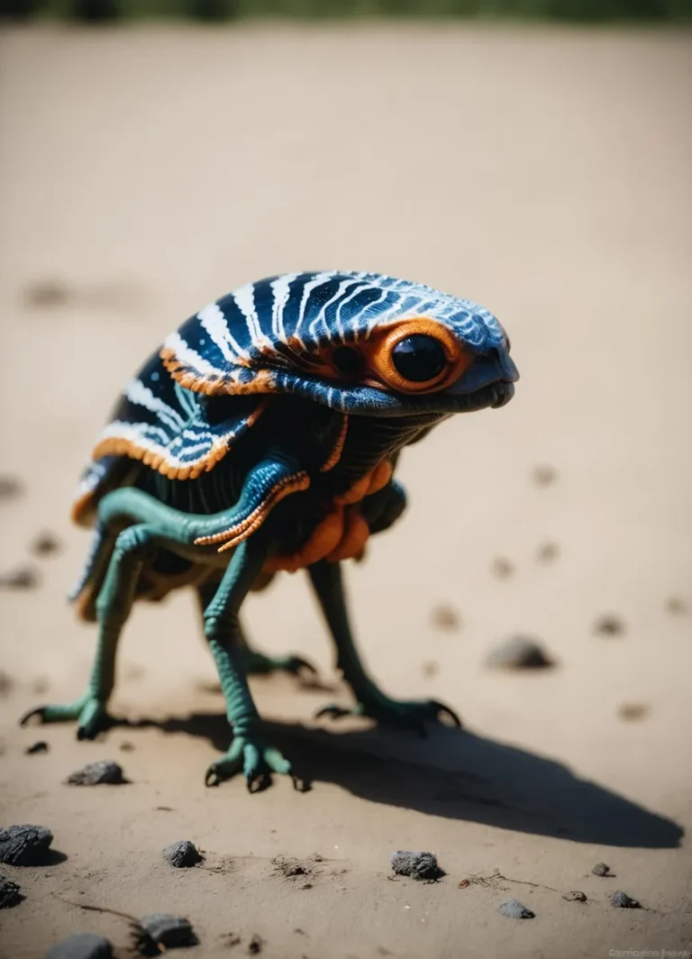 A unique AI generated alien creature with intricate patterns, standing in a desert landscape using Stable Diffusion.