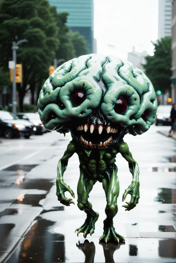 AI generated image: A bizarre green alien creature with a massive brain-like head, multiple eyes, and sharp teeth standing on a wet city street, created using stable diffusion.