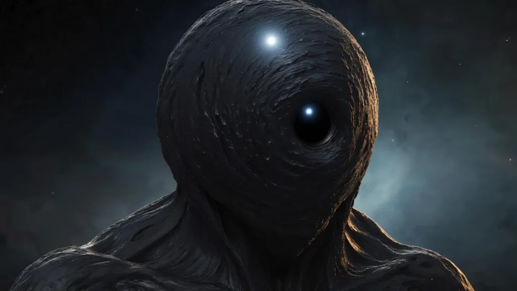 A cosmic horror alien lifeform with a dark, textured body and glowing eyes, generated using Stable Diffusion.