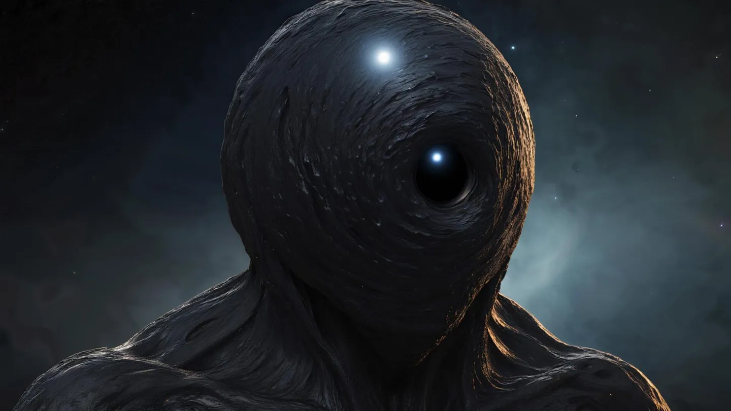 A cosmic horror alien lifeform with a dark, textured body and glowing eyes, generated using Stable Diffusion.