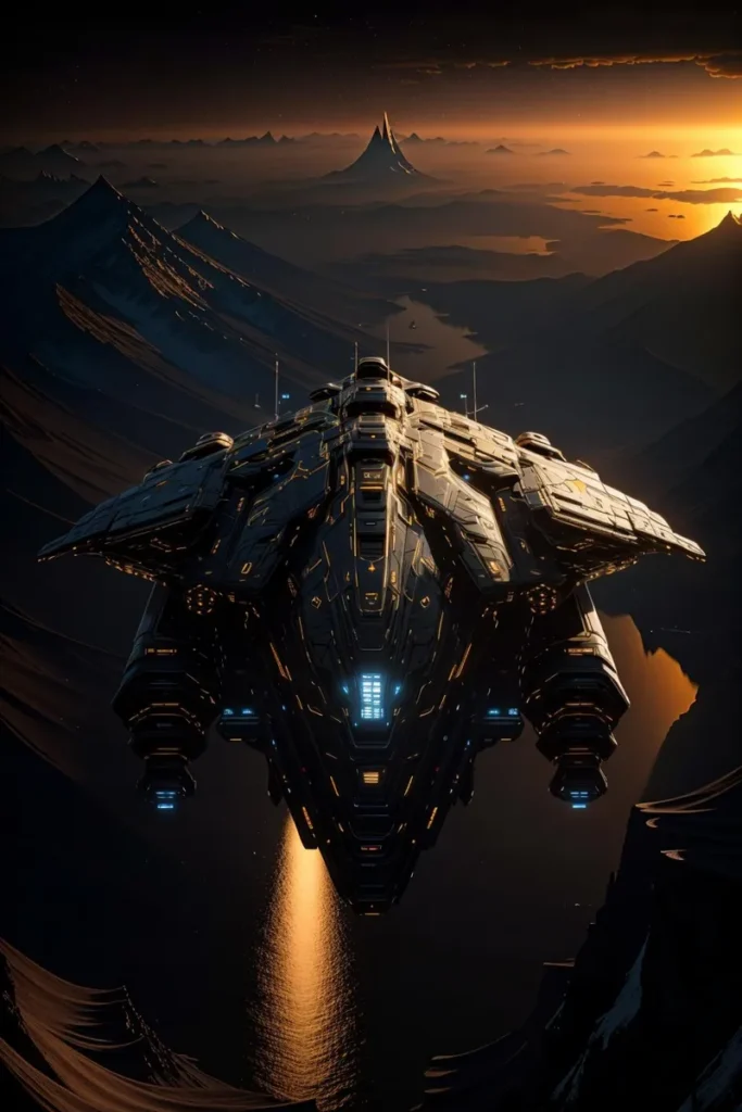A detailed science fiction image of an alien spaceship with bright lights hovering over a dark, mountainous landscape at sunset. AI generated image using Stable Diffusion.