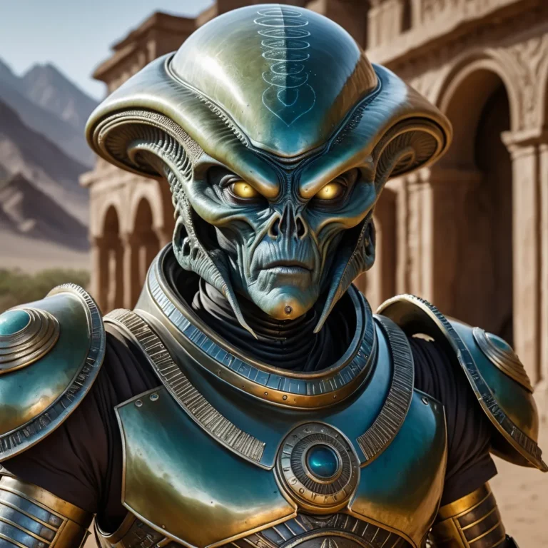 An AI generated image using stable diffusion depicts an imposing alien warrior with an ornate helmet and glowing eyes, set against a desert landscape with ancient ruins.