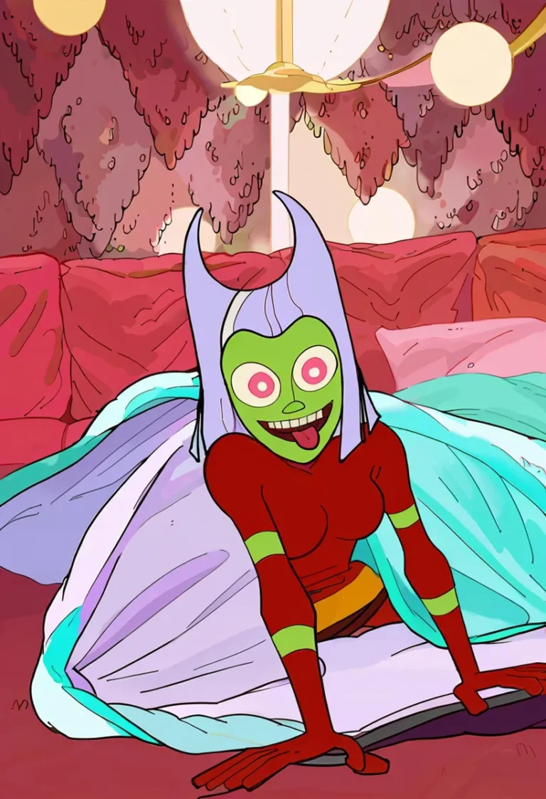 A colorful cartoon of an alien woman with green skin, red outfit, and large horns. AI-generated using Stable Diffusion.
