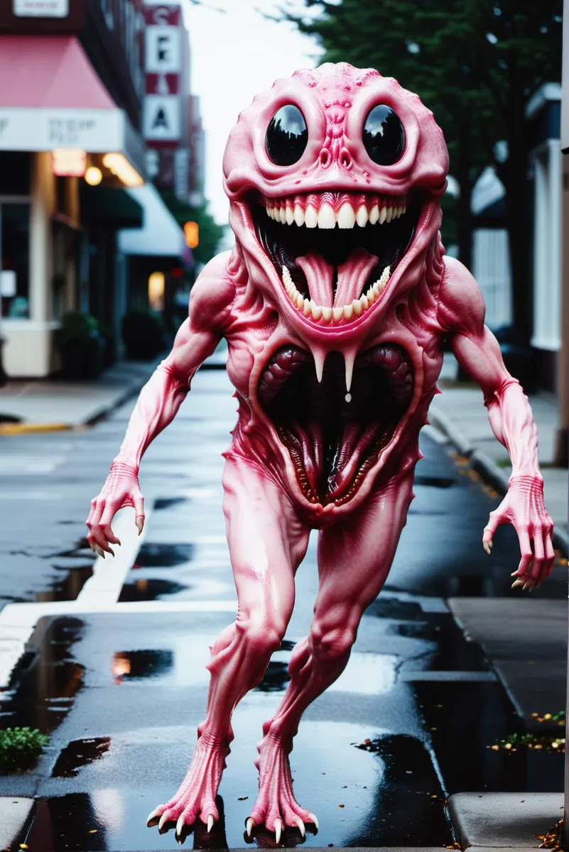 A surreal, pink-skinned alien creature with large black eyes, sharp teeth, and elongated limbs standing on a wet city street, AI generated image using Stable Diffusion.