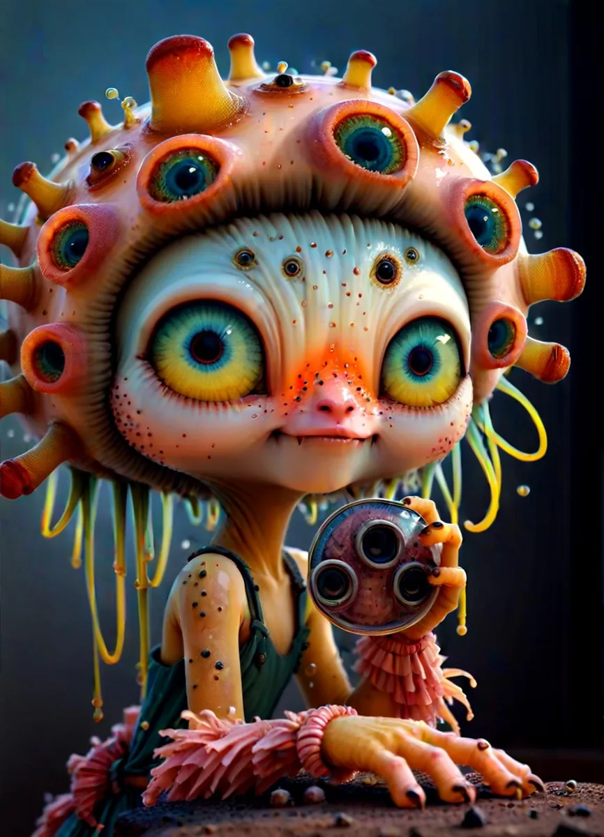 Fantastical alien creature with vibrant, multicolored eyes, holding a steampunk device, generated using Stable Diffusion AI.