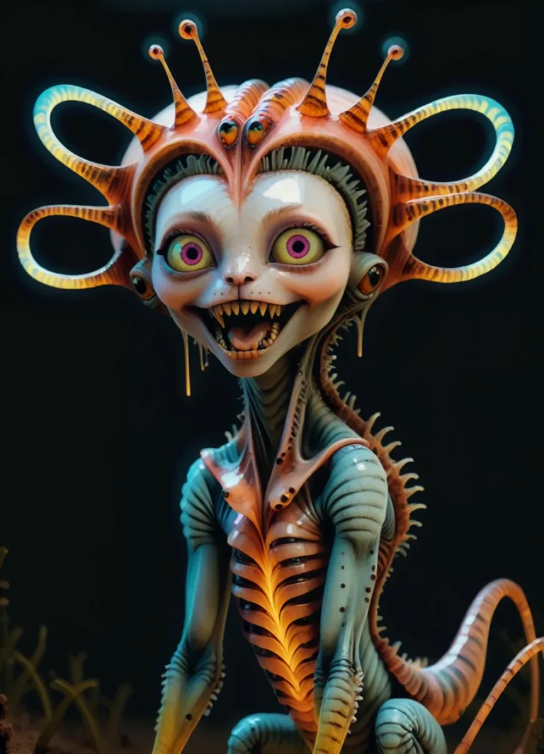 A fantastical alien creature with a humanoid appearance, created using AI and Stable Diffusion. The creature has large eyes, sharp teeth, and a unique orange and turquoise coloration. Its head is adorned with elaborate, glowing appendages.