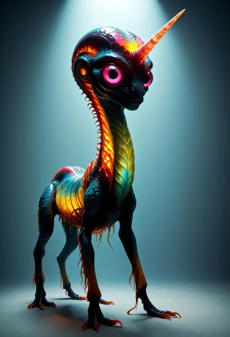 An AI generated image using Stable Diffusion depicting a fantastical alien creature with vibrant colors and a unicorn horn.
