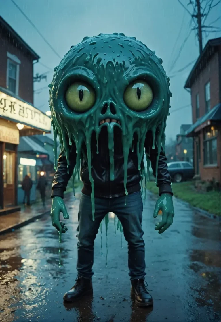 An AI-generated image using Stable Diffusion depicting a person wearing an elaborate alien costume characterized by a large dripping goo-covered head and large green eyes, standing on a rainy urban street at dusk.