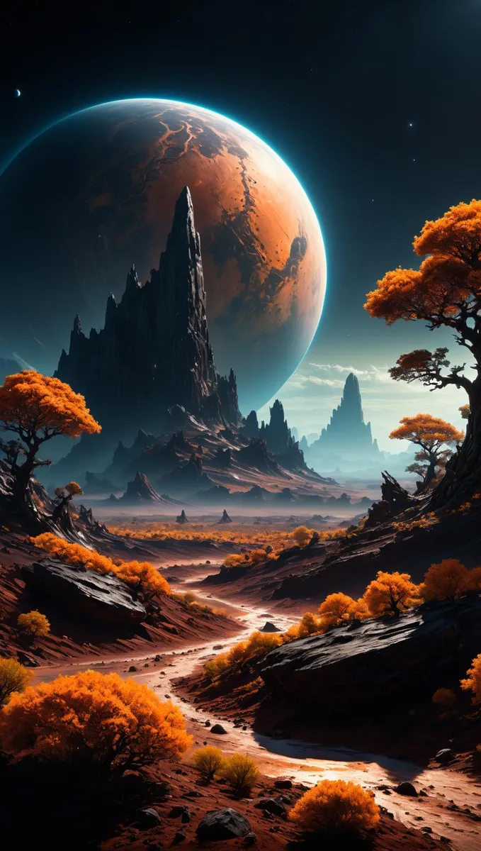 A detailed and vivid alien landscape featuring a rocky terrain, orange trees, and a giant planet with visible textures in the sky, created using Stable Diffusion.