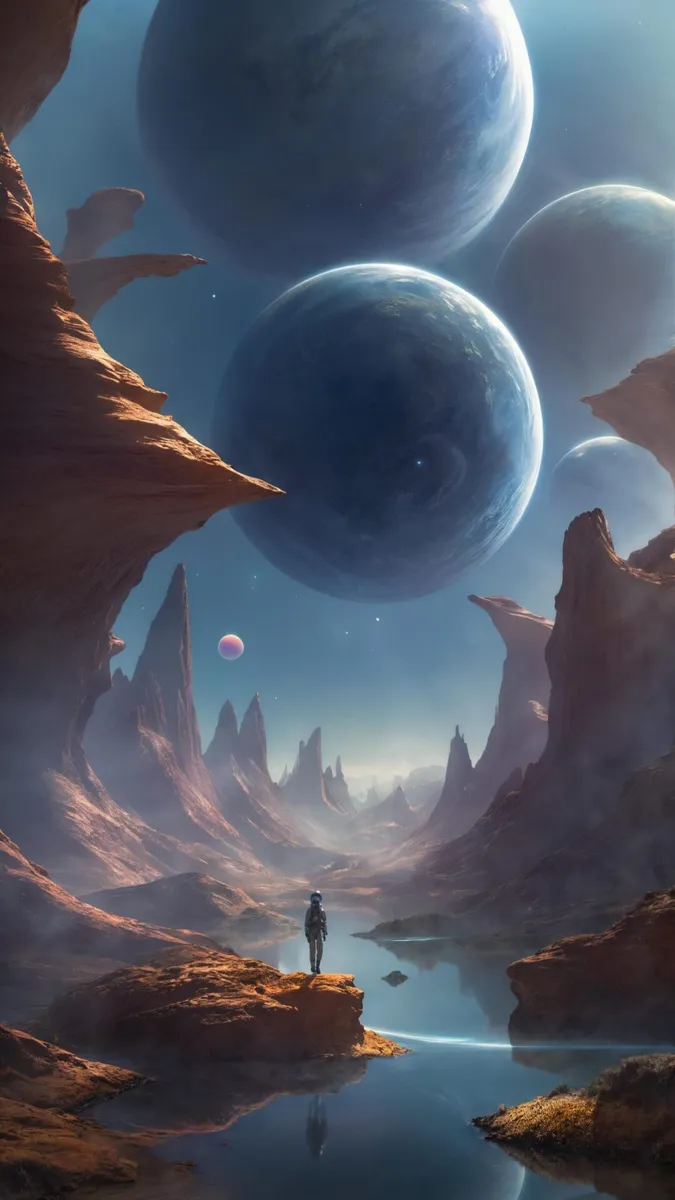 Astronaut standing on rocky terrain beside a reflective water body, surrounded by alien-like rock formations under a sky with large planetary orbs. AI generated image using Stable Diffusion.