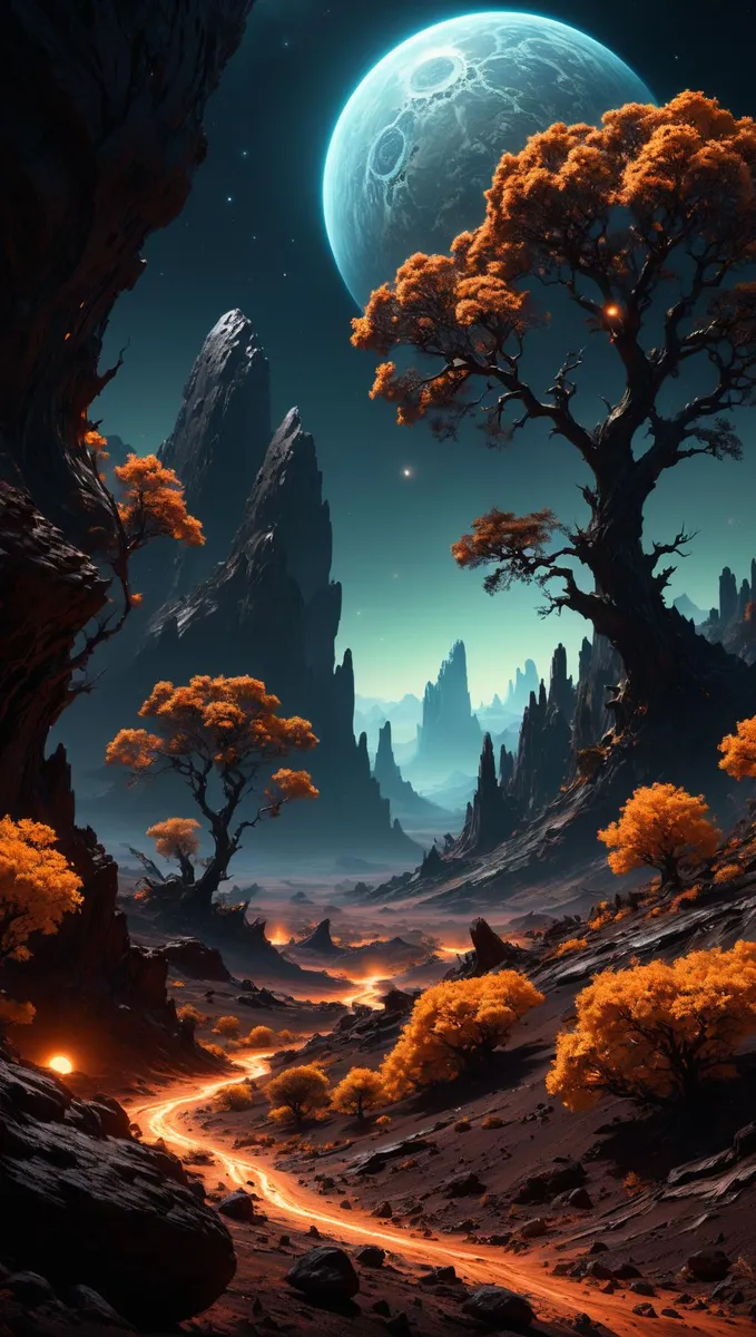 An AI generated image using stable diffusion depicting an alien landscape with vibrant orange autumn trees, a glowing pathway, towering black mountains, and a large, eerie blue moon in the sky.