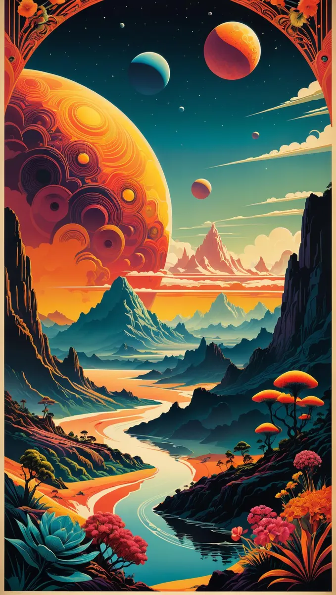 A vibrant, AI-generated image using Stable Diffusion, depicting a fantastical alien landscape with surreal mountains, brightly colored flora, and a dynamic sky featuring multiple planets.