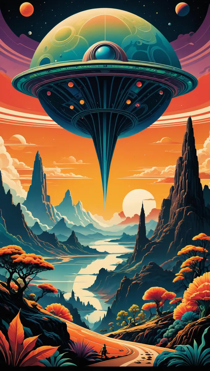 A vibrant sci-fi scene depicting an alien landscape with a massive spaceship hovering in the sky, rich with vivid colors and detailed environments generated using Stable Diffusion.